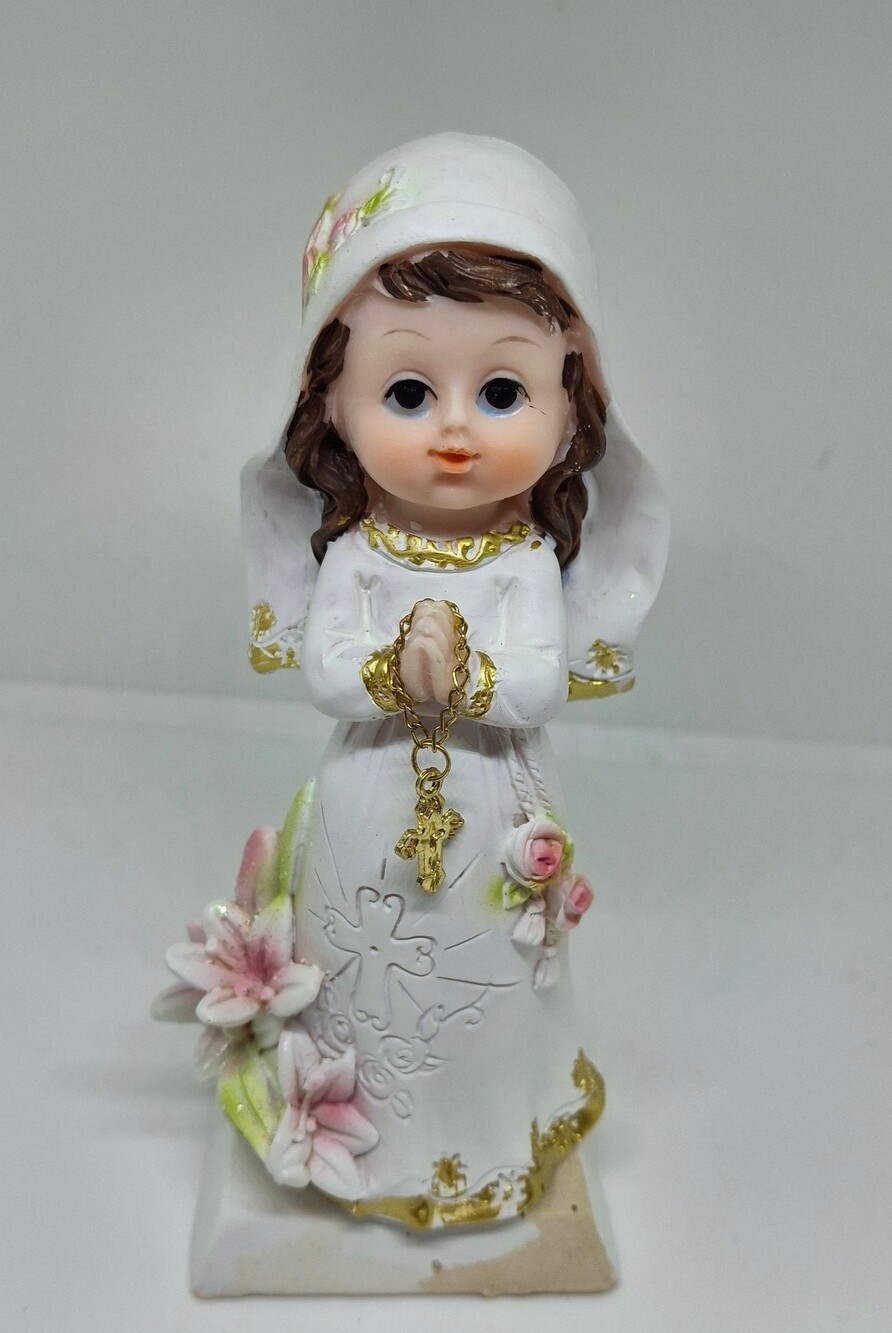 Praying Angel Figurine with Gold-Tone Rosary and Pink Floral Accents